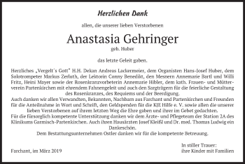 Todesanzeige von Anastasia Gehringer von merkurtz
