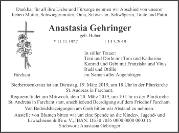Todesanzeige von Anastasia Gehringer von merkurtz