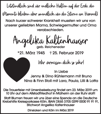 Todesanzeige von Angelika Kaltenhauser von merkurtz