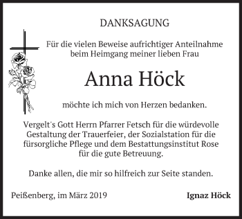 Todesanzeige von Anna Höck von merkurtz