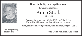 Todesanzeige von Anna Stoib von merkurtz