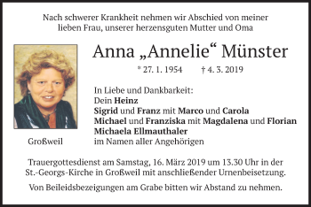 Todesanzeige von Anna Annelie Münster von merkurtz