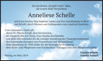 Todesanzeige von Anneliese Schelle von merkurtz
