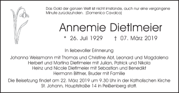 Todesanzeige von Annemie Dietlmeier von merkurtz