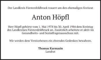 Todesanzeige von Anton Höpfl von merkurtz