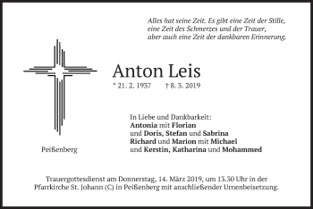 Todesanzeige von Anton Leis von merkurtz