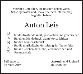 Todesanzeige von Anton Leis von merkurtz