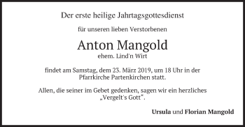 Todesanzeige von Anton Mangold von merkurtz