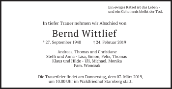 Todesanzeige von Bernd Wittlief von merkurtz