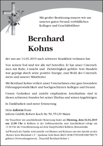 Todesanzeige von Bernhard Kohns von merkurtz