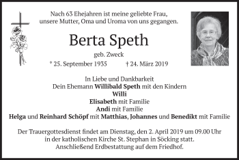 Todesanzeige von Berta Speth von merkurtz