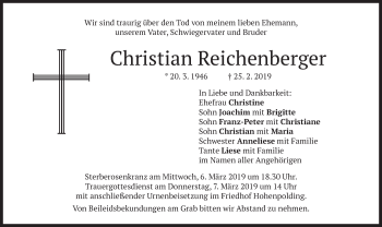 Todesanzeige von Christian Reichenberger von merkurtz
