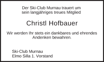 Todesanzeige von Christl Hofbauer von merkurtz