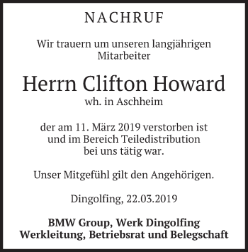 Todesanzeige von Clifton Howard von merkurtz