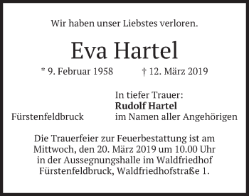 Todesanzeige von Eva Hartel von merkurtz