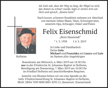Todesanzeige von Felix Eisenschmid von merkurtz