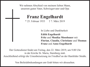 Todesanzeige von Franz Engelhardt von merkurtz