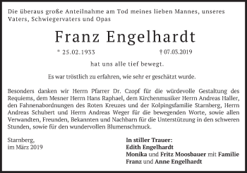 Todesanzeige von Franz Engelhardt von merkurtz