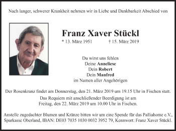 Todesanzeige von Franz Xaver Stückl von merkurtz