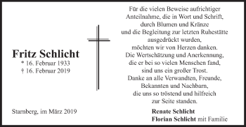 Todesanzeige von Fritz Schlicht von merkurtz