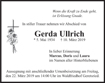 Todesanzeige von Gerda Ullrich von merkurtz
