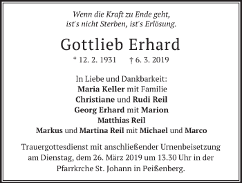 Todesanzeige von Gottlieb Erhard von merkurtz