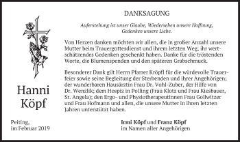 Todesanzeige von Hanni Köpf von merkurtz