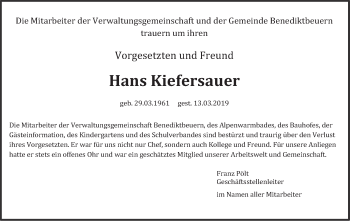 Todesanzeige von Hans Kiefersauer von merkurtz
