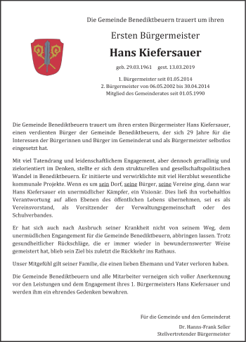 Todesanzeige von Hans Kiefersauer von merkurtz