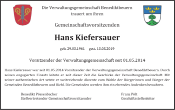 Todesanzeige von Hans Kiefersauer von merkurtz