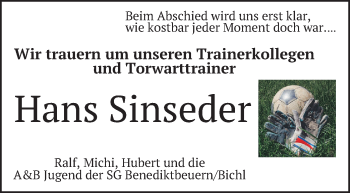 Todesanzeige von Hans Sinseder von merkurtz