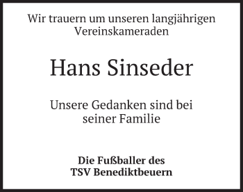 Todesanzeige von Hans Sinseder von merkurtz