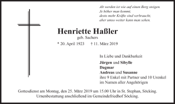 Todesanzeige von Henriette Haßler von merkurtz