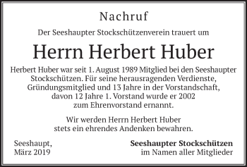 Todesanzeige von Herbert Huber von merkurtz