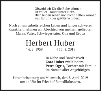 Todesanzeige von Herbert Huber von merkurtz