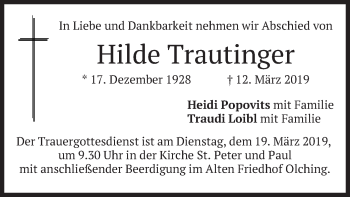 Todesanzeige von Hilde Trautinger von merkurtz