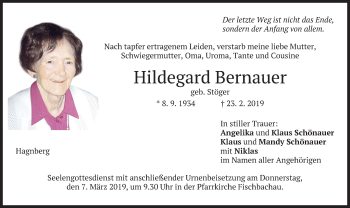 Todesanzeige von Hildegard Bernauer von merkurtz