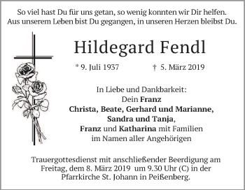 Todesanzeige von Hildegard Fendl von merkurtz