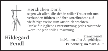 Todesanzeige von Hildegard Fendl von merkurtz