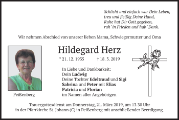 Todesanzeige von Hildegard Herz von merkurtz