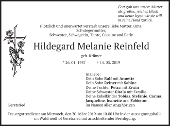 Todesanzeige von Hildegard Melanie Reinfeld von merkurtz