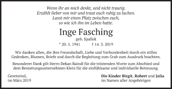 Todesanzeige von Inge Fasching von merkurtz