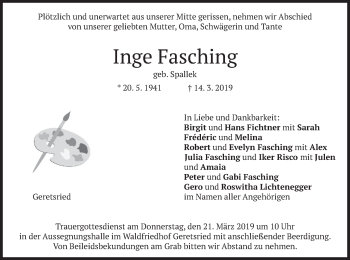 Todesanzeige von Inge Fasching von merkurtz