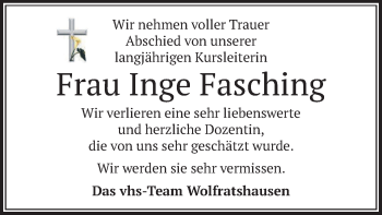 Todesanzeige von Inge Fasching von merkurtz