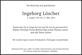 Todesanzeige von Ingeborg Löscher von merkurtz