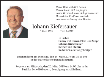 Todesanzeige von Johann Kiefersauer von merkurtz