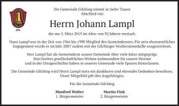 Todesanzeige von Johann Lampl von merkurtz