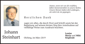 Todesanzeige von Johann Steinhart von merkurtz