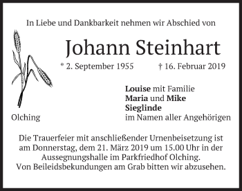 Todesanzeige von Johann Steinhart von merkurtz