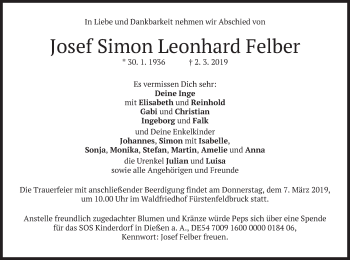 Todesanzeige von Josef Simon Leonhard Felber von merkurtz